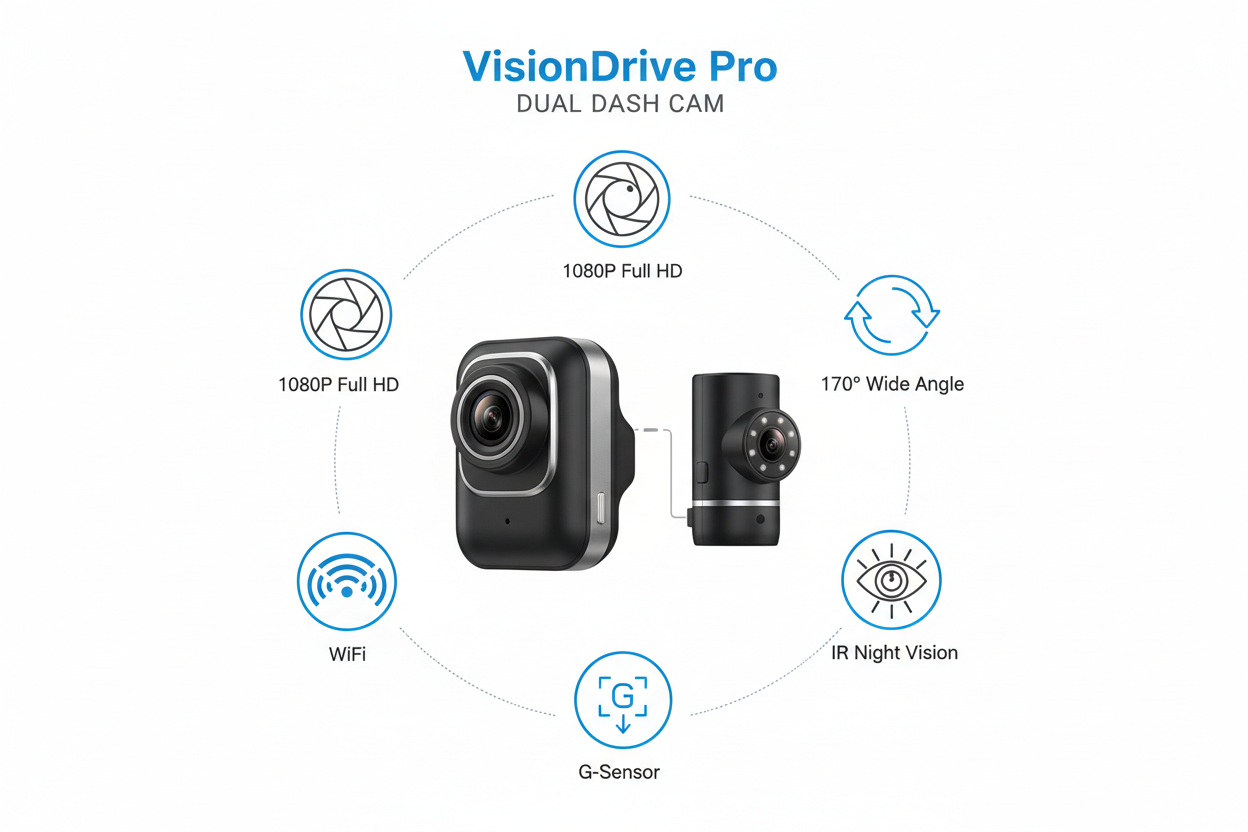 VisionDrive Pro – Dual Dash Cam 1080P WiFi